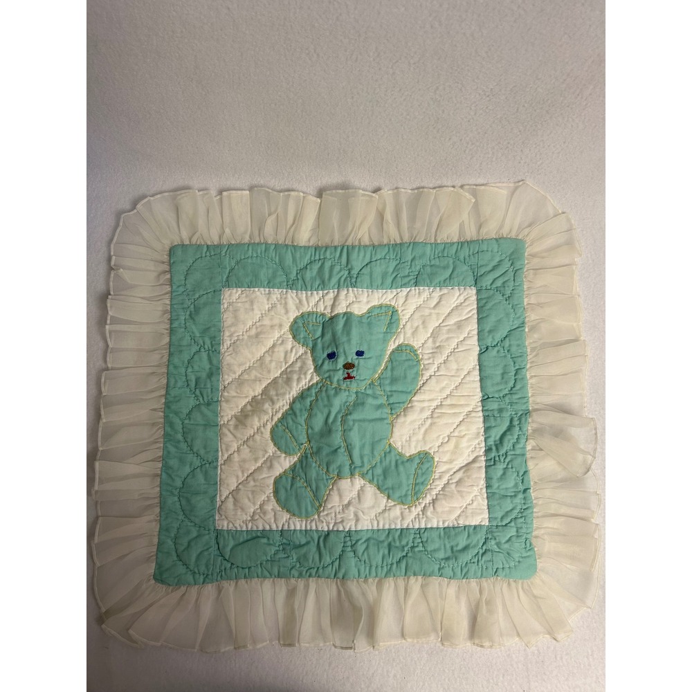 Vintage Cottagecore Unbranded Unisex Teal White Quilted Teddy Bear Pillow Sham